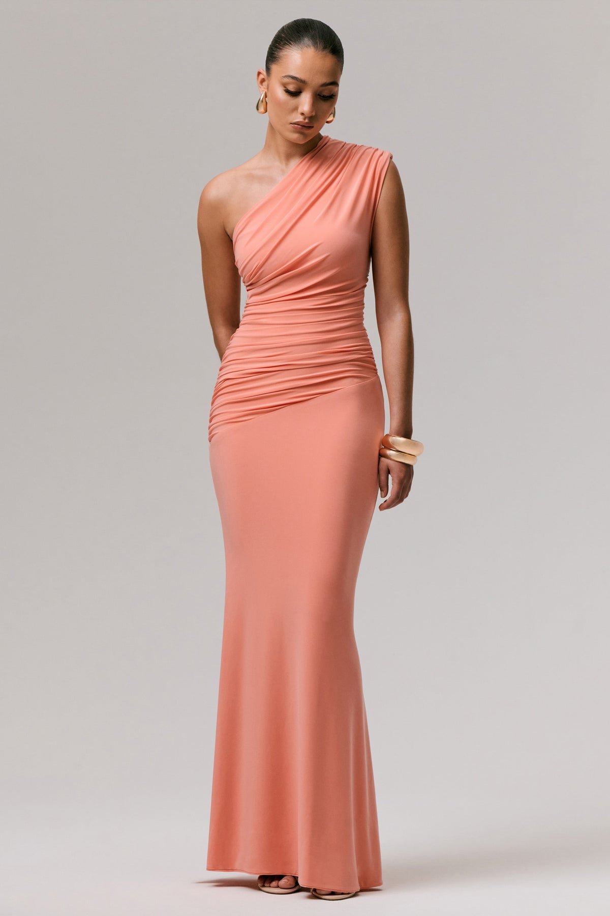 Mardi | Coral Asymmetric Maxi Dress With Ruching