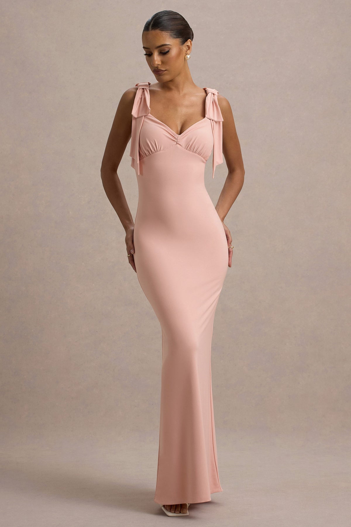 Evanna | Pink V-Neck Maxi Dress With Bow Straps