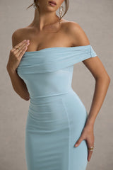 Law of Attraction | Powder Blue Bardot Draped Split Maxi Dress