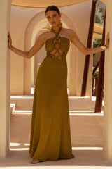 Aleera | Olive Chiffon Halter-Neck Maxi Dress With Cut-Out Detail