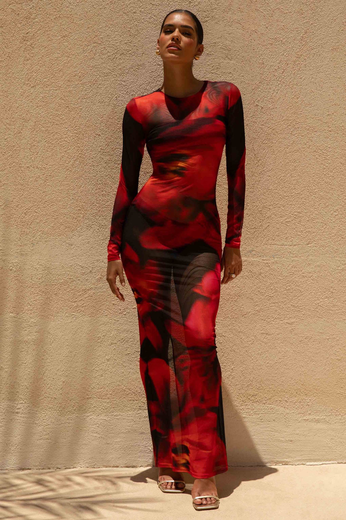 Marcy | Red And Black Floral Print High-Neck Maxi Dress