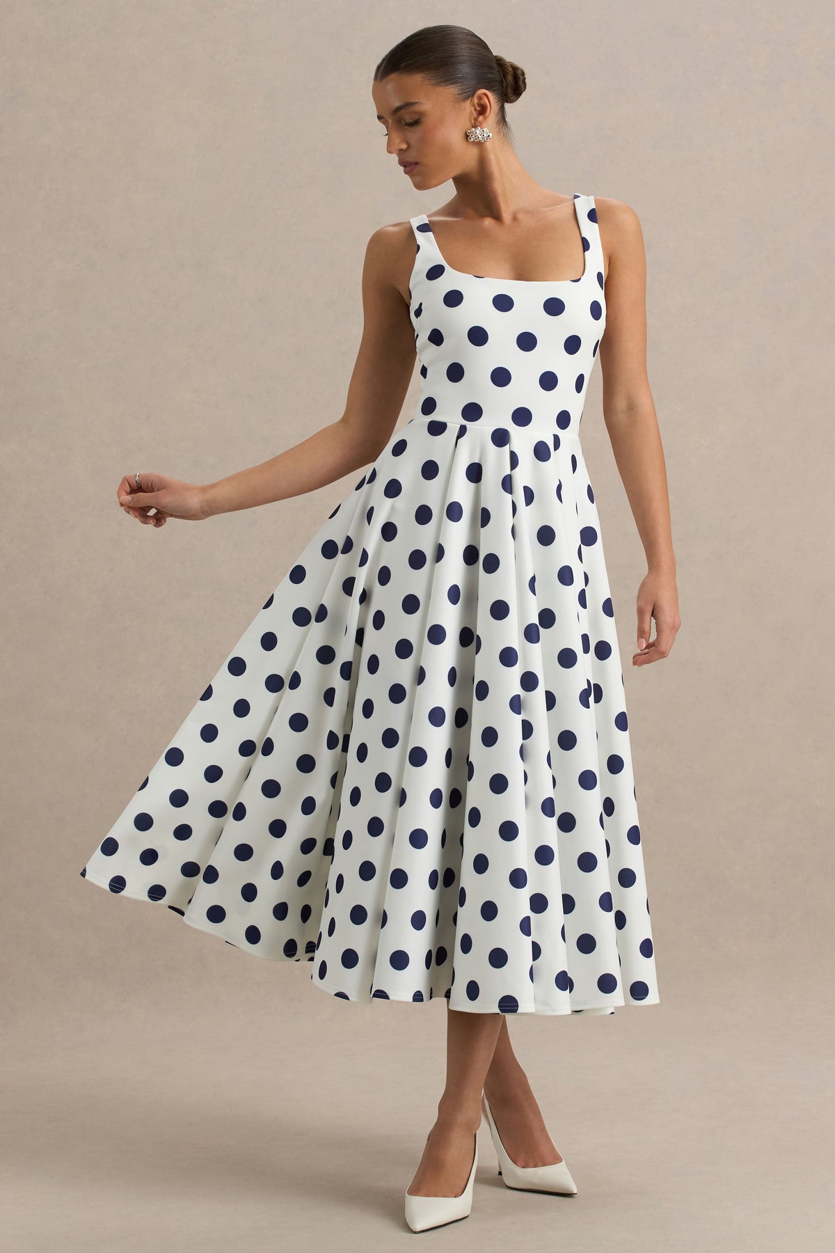 Berta | White And Navy Polka-Dot Square-Neck Midi Dress