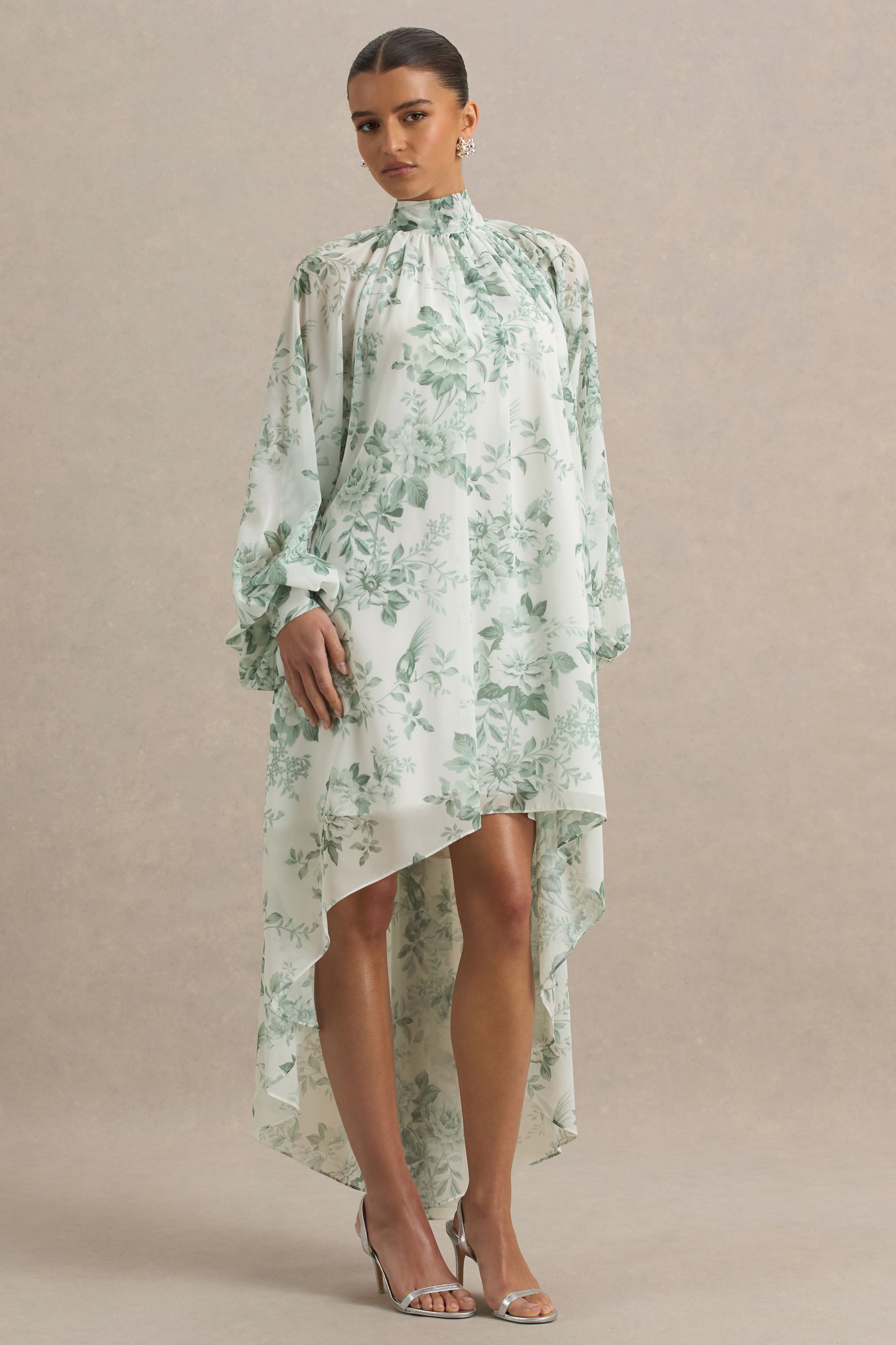 Delphia | Green Floral Print High-Neck Maxi Dress