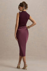 All Yours | Dark Cherry Satin High-Neck Wrap Midi Dress