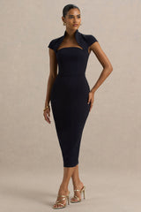 Elsie | Navy Cut-Out Neck Midi Dress With Short Sleeves