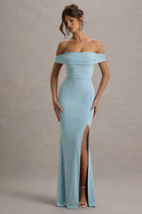 Law of Attraction | Powder Blue Bardot Draped Split Maxi Dress