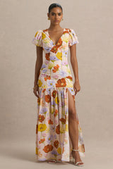 Ginny | Bright Floral Print Puff-Sleeve Split Maxi Dress