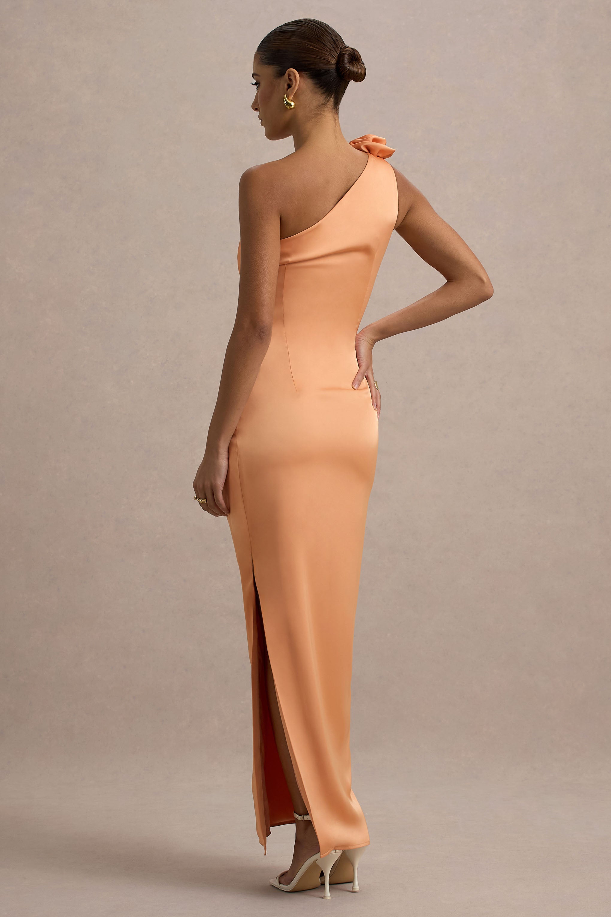 Janette | Peach Satin One-Shoulder Split Maxi Dress With Corsage