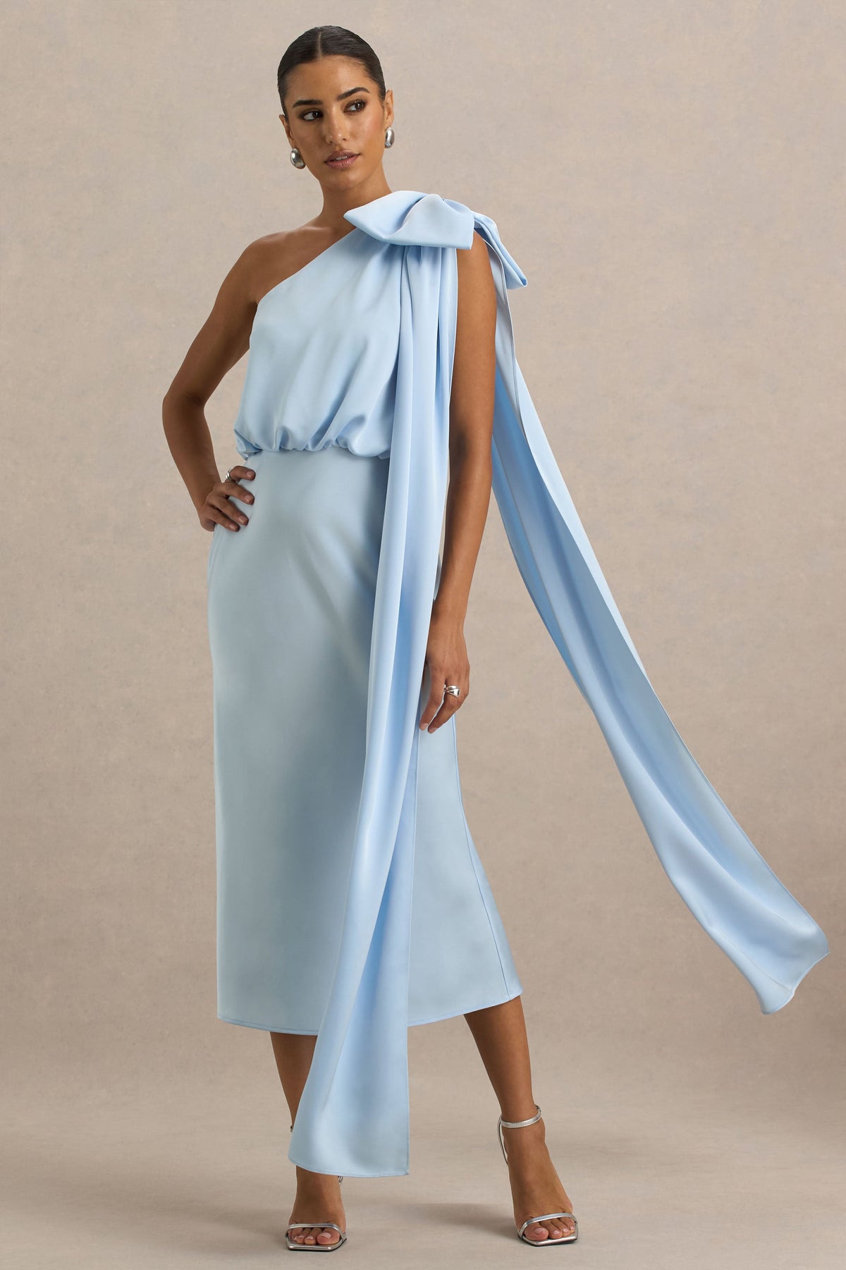 Celestia | Powder Blue Satin Asymmetric-Neck Midi Dress With Cape Detail