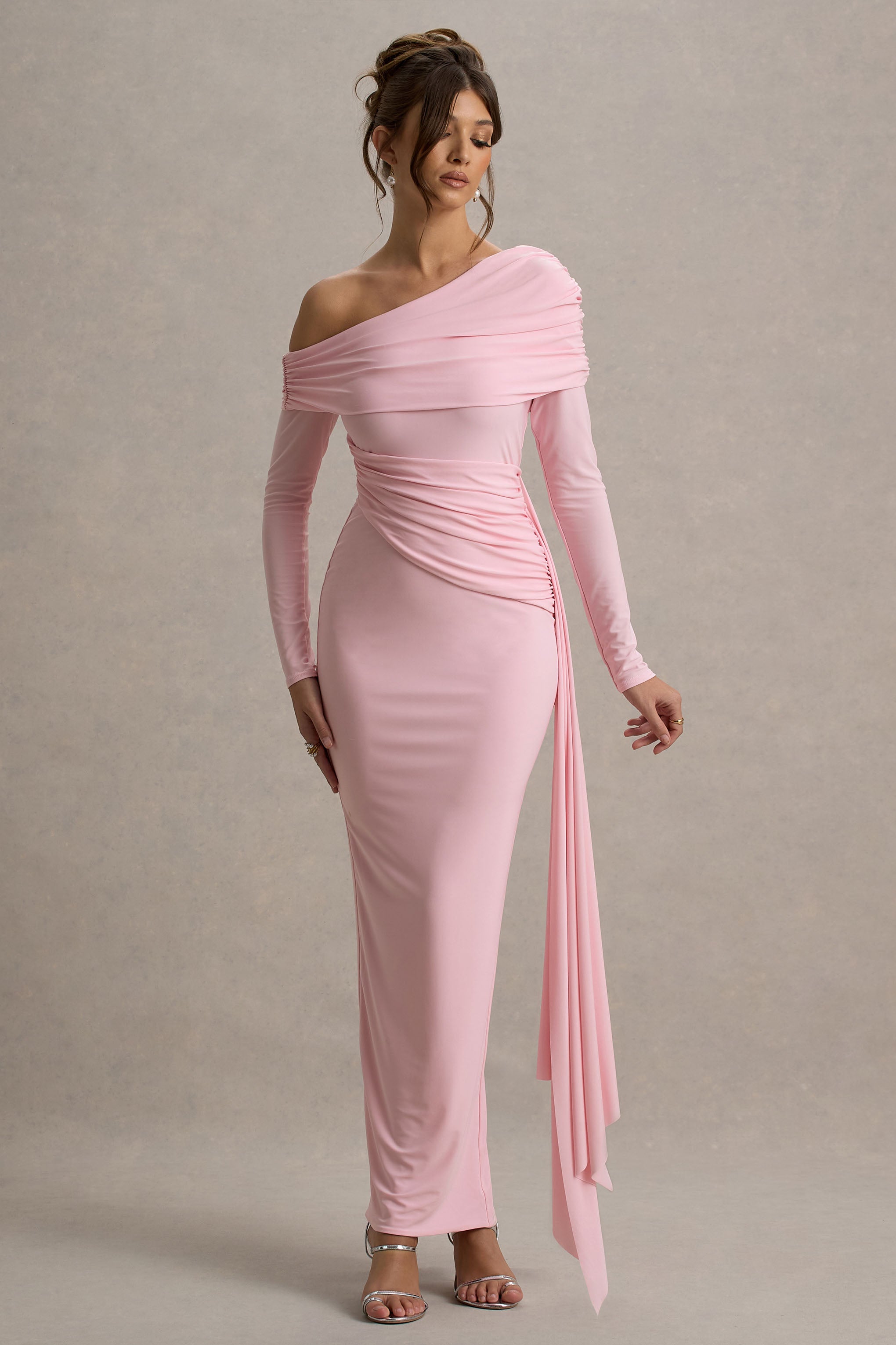 Valina | Pink Ruched Asymmetric Maxi Dress With Drape