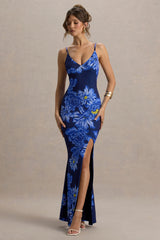 Farah | Blue Floral Print Plunge Neck Maxi Dress With Split Detail