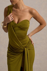 Erminia | Olive Green One-Shoulder Twist Wrap Maxi Dress