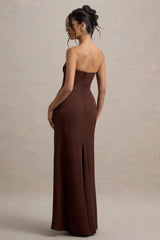 Mackenzie | Brown Satin Plunge-Neck Draped Maxi Dress