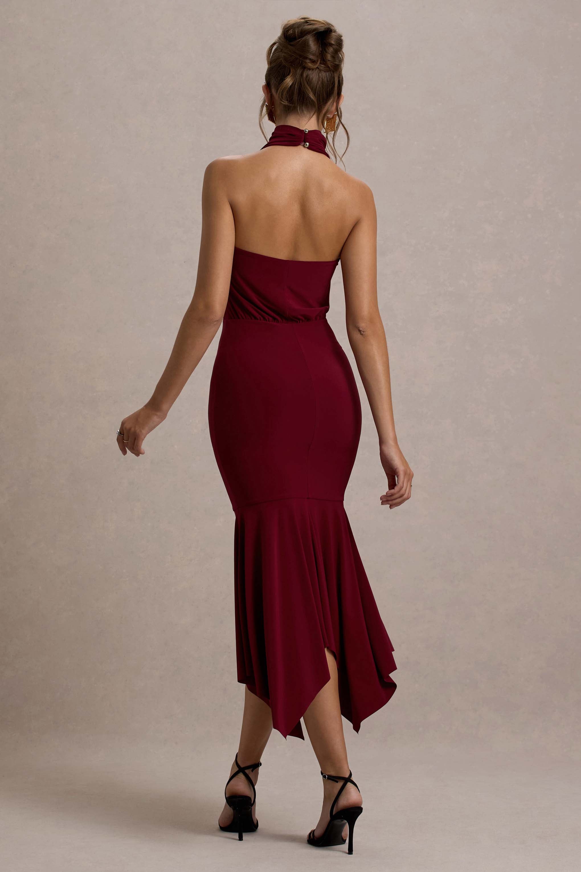 Prianyka | Berry High-Neck Draped Midi Dress