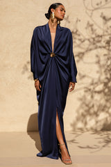 Tina | Navy Satin Plunge-Neck Embellished Maxi Dress