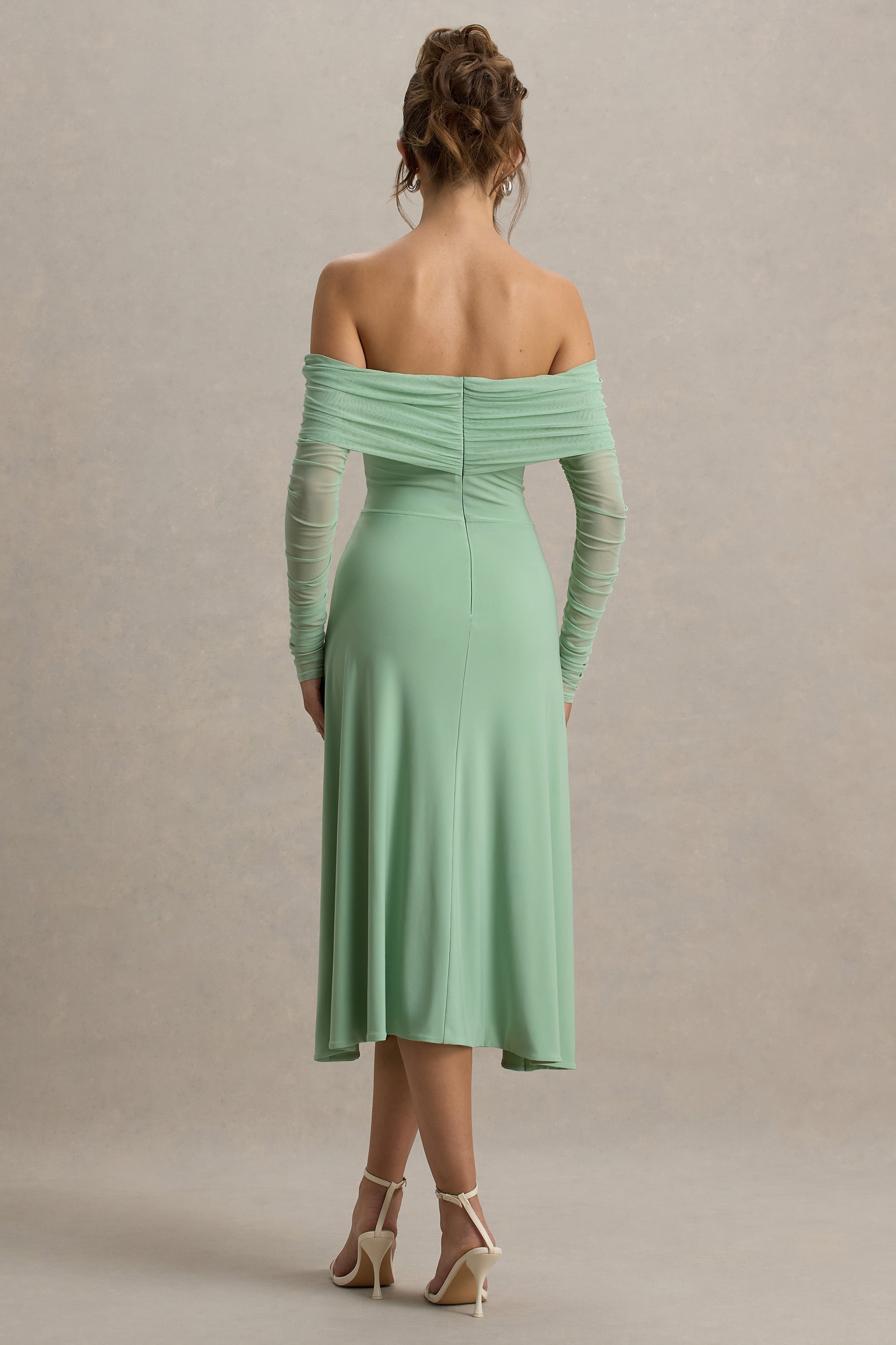 Flatter Me | Light Green Bardot Midi Dress With Mesh Sleeves