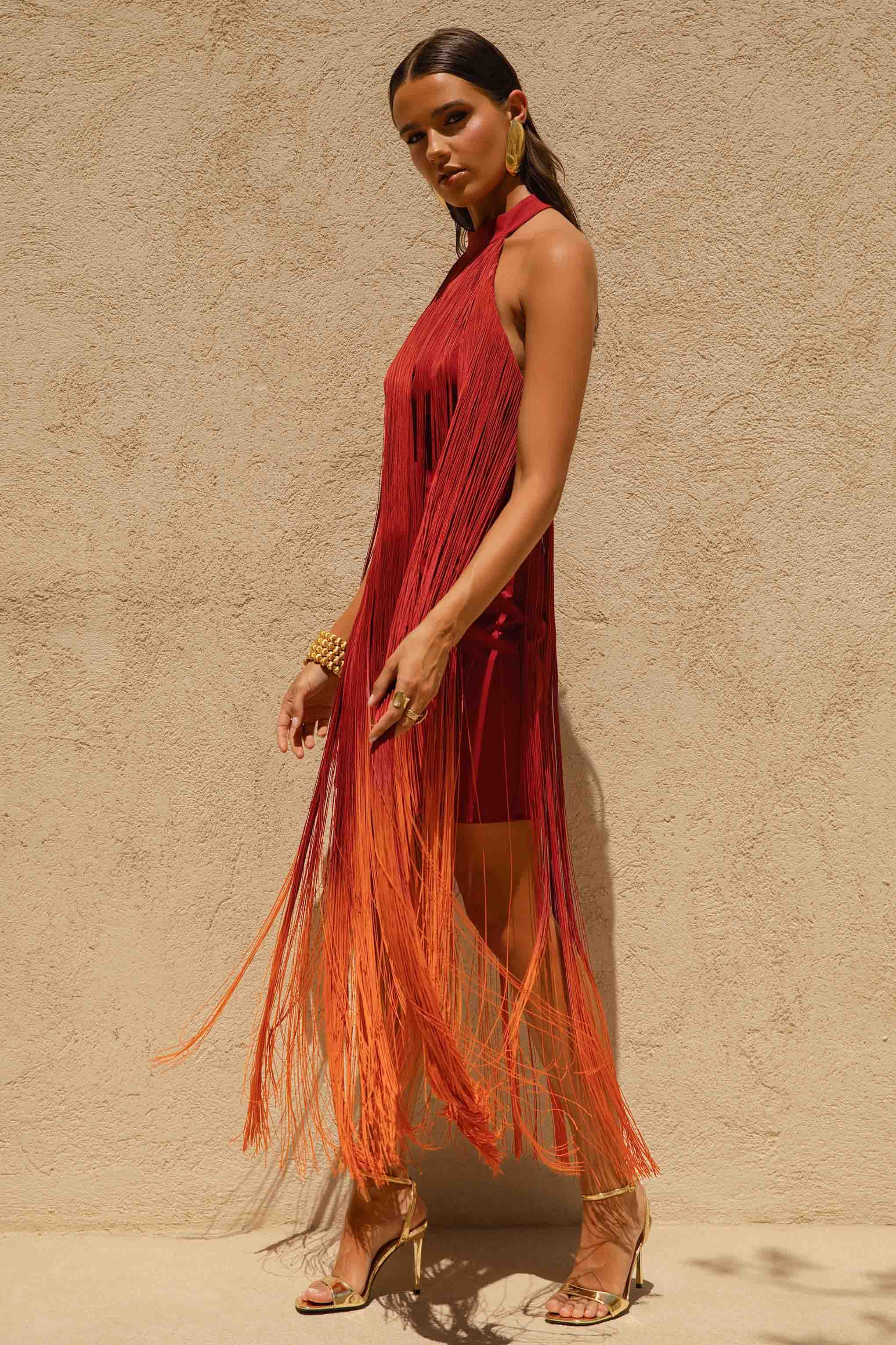 Alessia | Orange Ombre Fringe High-Neck Maxi Dress