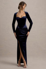 Fay | Navy Velvet Corset Style Knot Maxi Dress