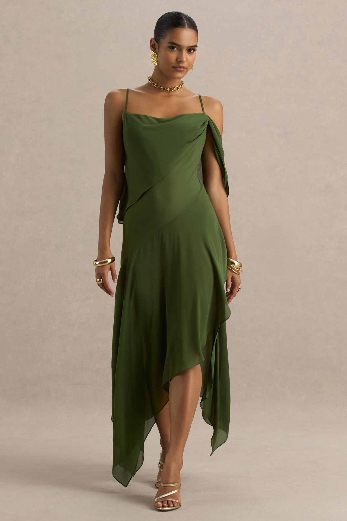 Tiara | Green Asymmetric Midi Dress With Draping Detailing and Open-Back