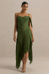 Tiara | Green Asymmetric Midi Dress With Draping Detailing and Open-Back