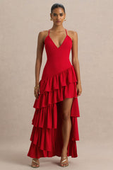 Bogota | Red Plunge-Neck Maxi Dress With Ruffling Details And Front High Split