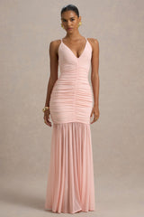 Pasqualina | Pink Ruched Plunge-Neck Maxi Dress
