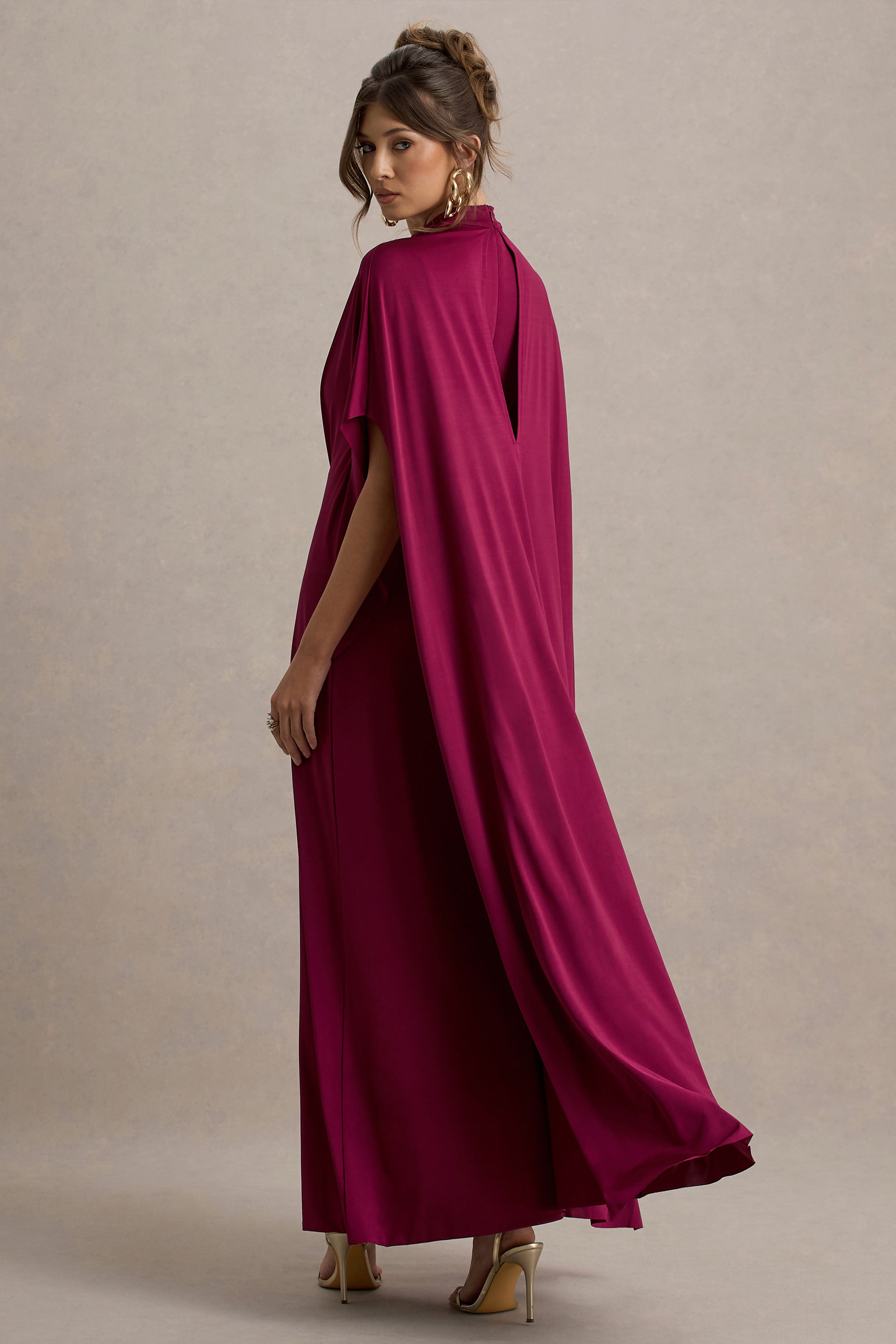 Olessia | Burgundy Belted Gathered Cape-Sleeve Maxi Dress