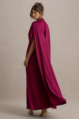 Olessia | Burgundy Belted Gathered Cape-Sleeve Maxi Dress