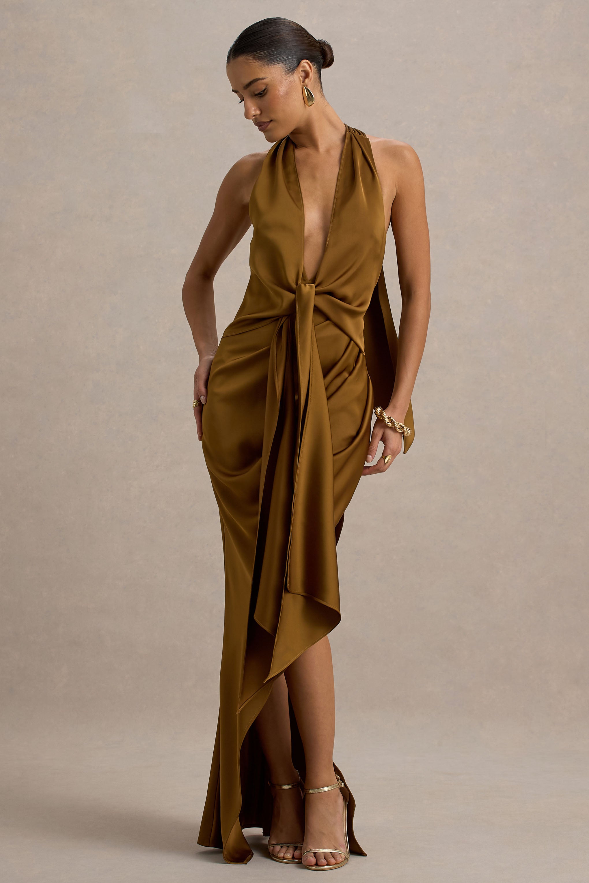 Lynette | Olive Satin Plunge-Neck Asymmetric Maxi Dress