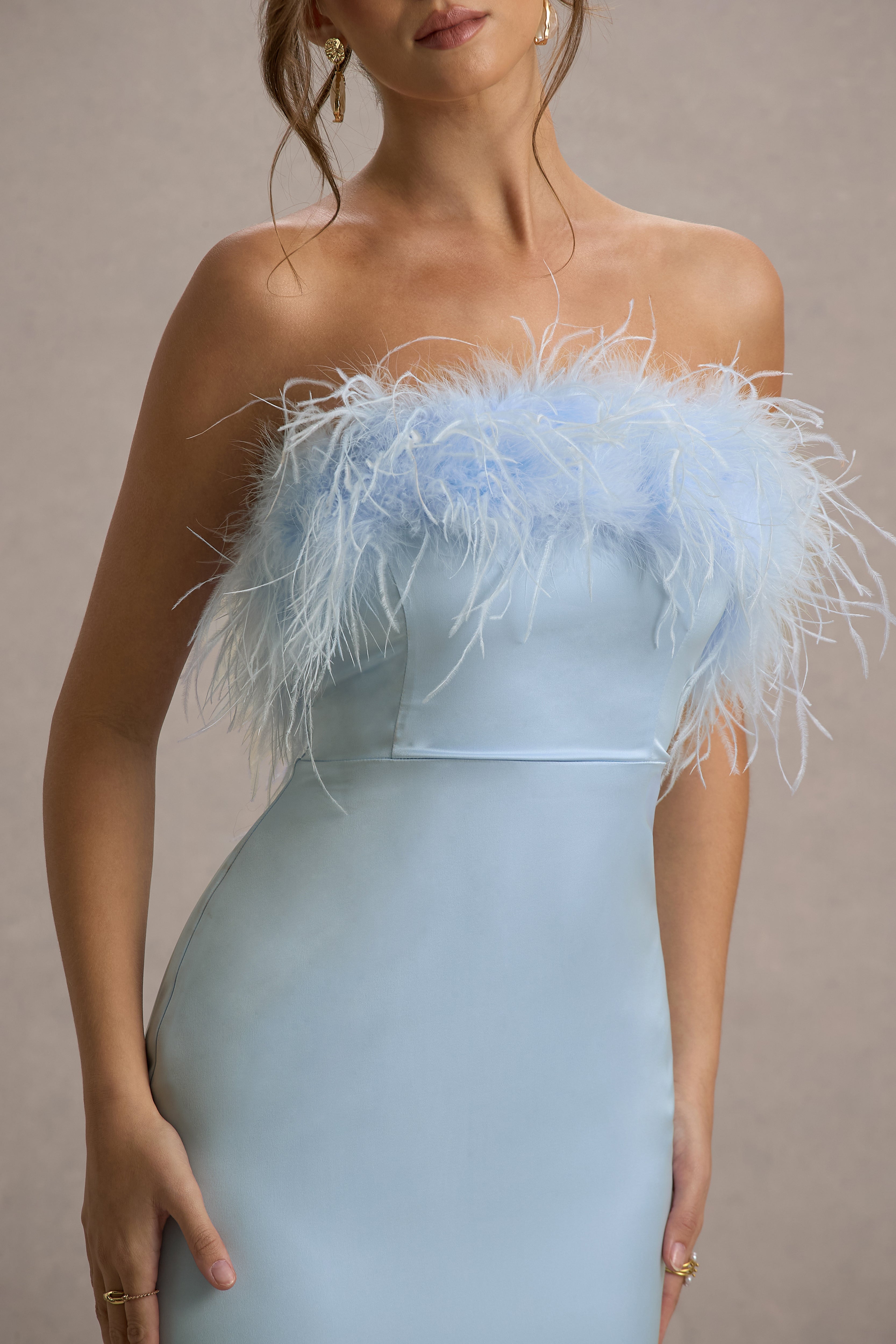 Dress For It | Powder Blue Satin Feather Trim Bandeau Maxi Dress