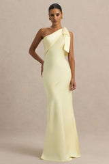 Valerie | Lemon Satin Asymmetric-Neck Maxi Dress With Bow Detail