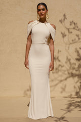 Yulia | Sand High-Neck Maxi Dress With Cape Sleeves