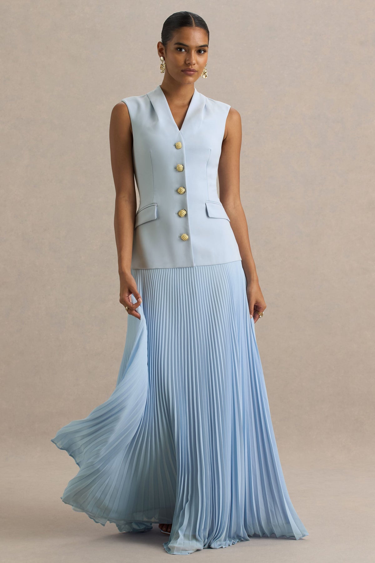 Heavenly | Powder Blue High Neck Maxi Dress With Pleated Detailing