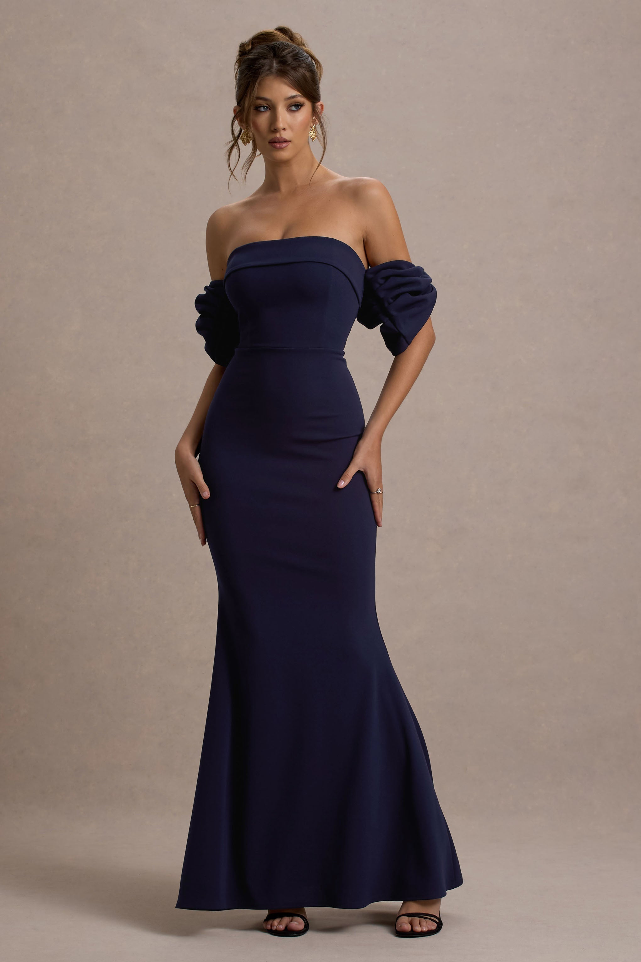 Alaine | Navy Bardot Maxi Dress With Bow Sleeves
