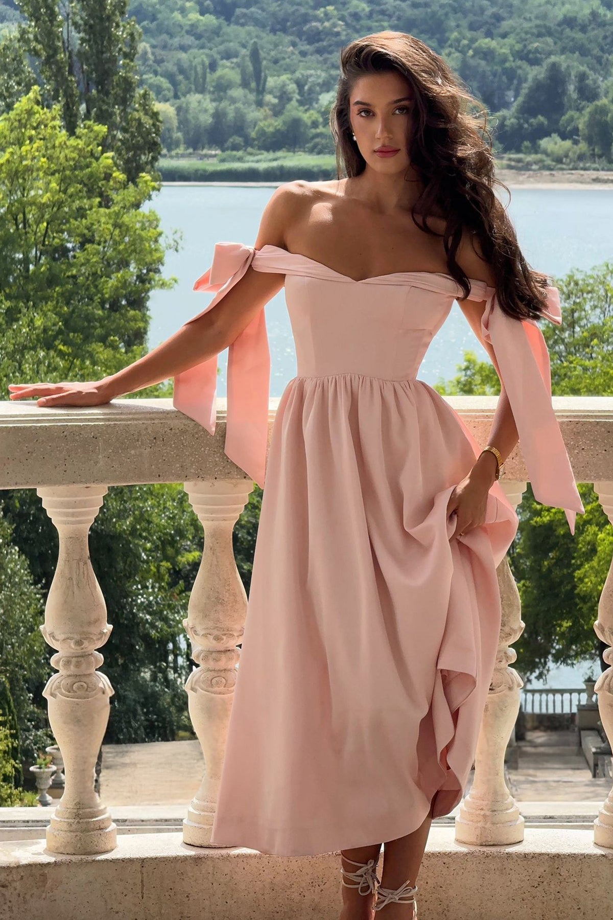 Agafay | Rose Pink Satin Short-Sleeve Bardot Wrap Midi Dress With Bow Detail