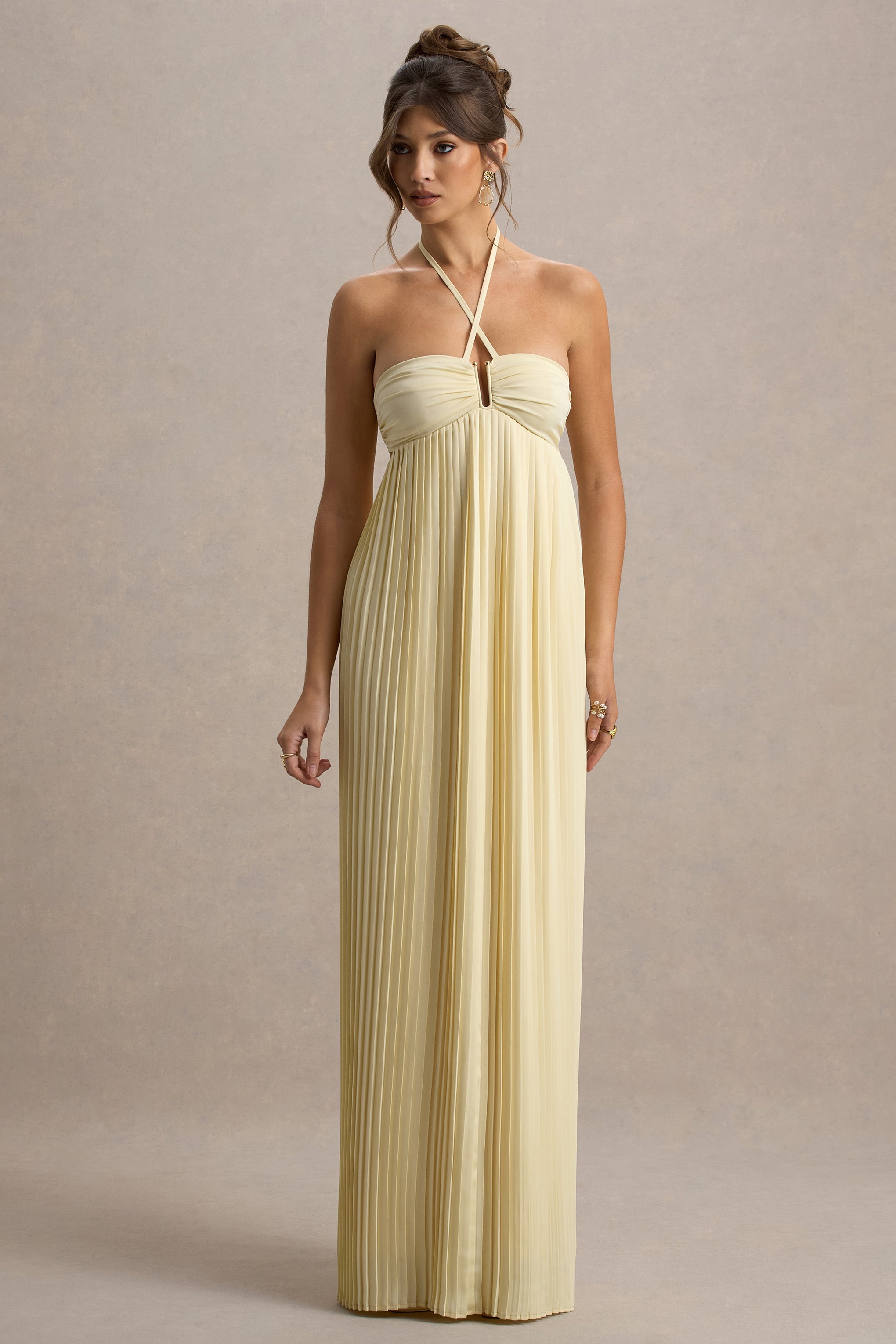 Elayne | Pale Lemon Halter-Neck Maxi Dress With Cut-Out Detail
