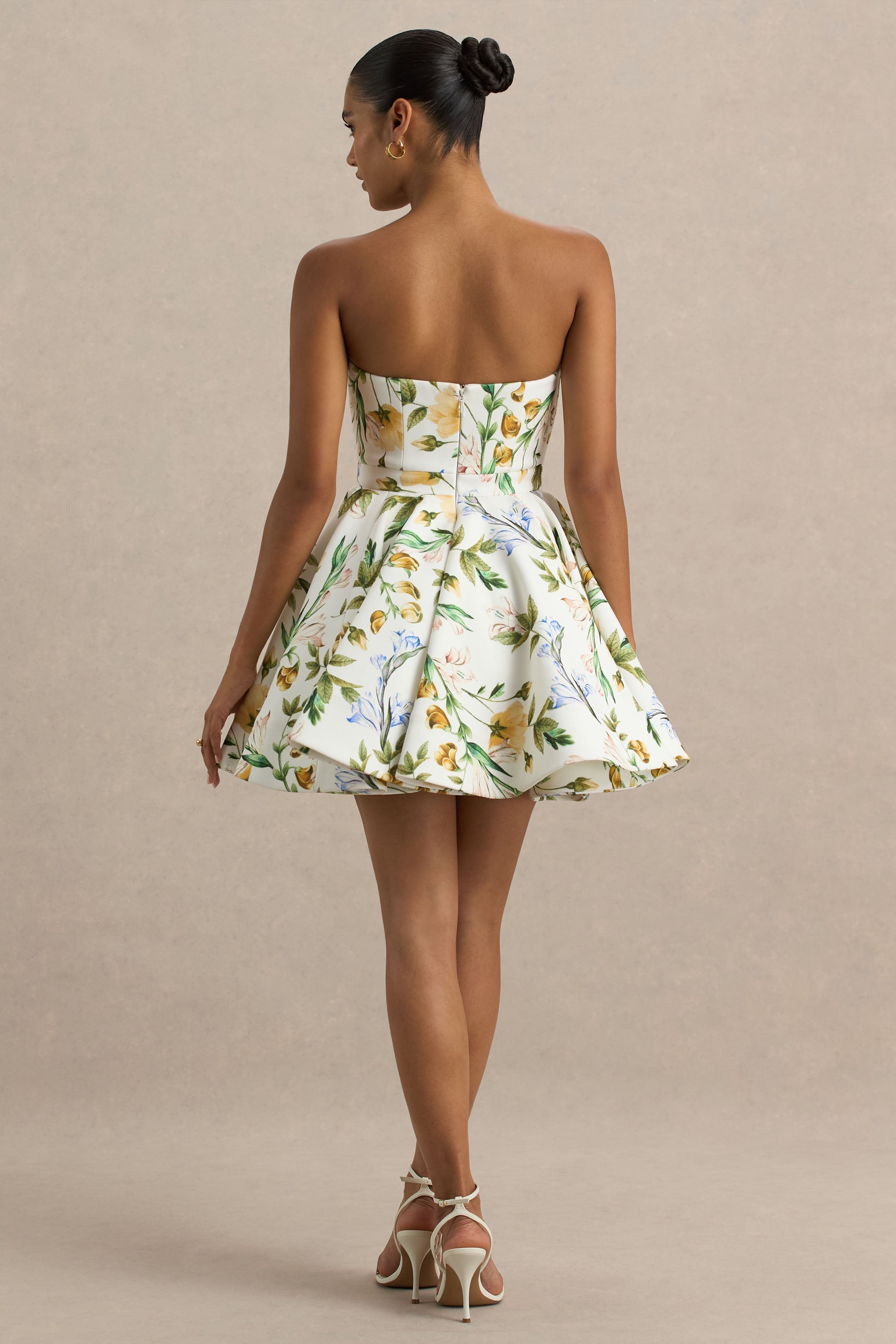 Valerian | White Botanical Print Bandeau Mini Dress With Ruffle Hem