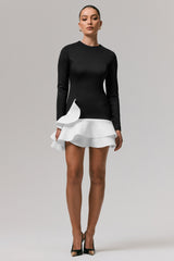 Lucinda | Black & White Long-Sleeve Mini Dress With Ruffle Hem