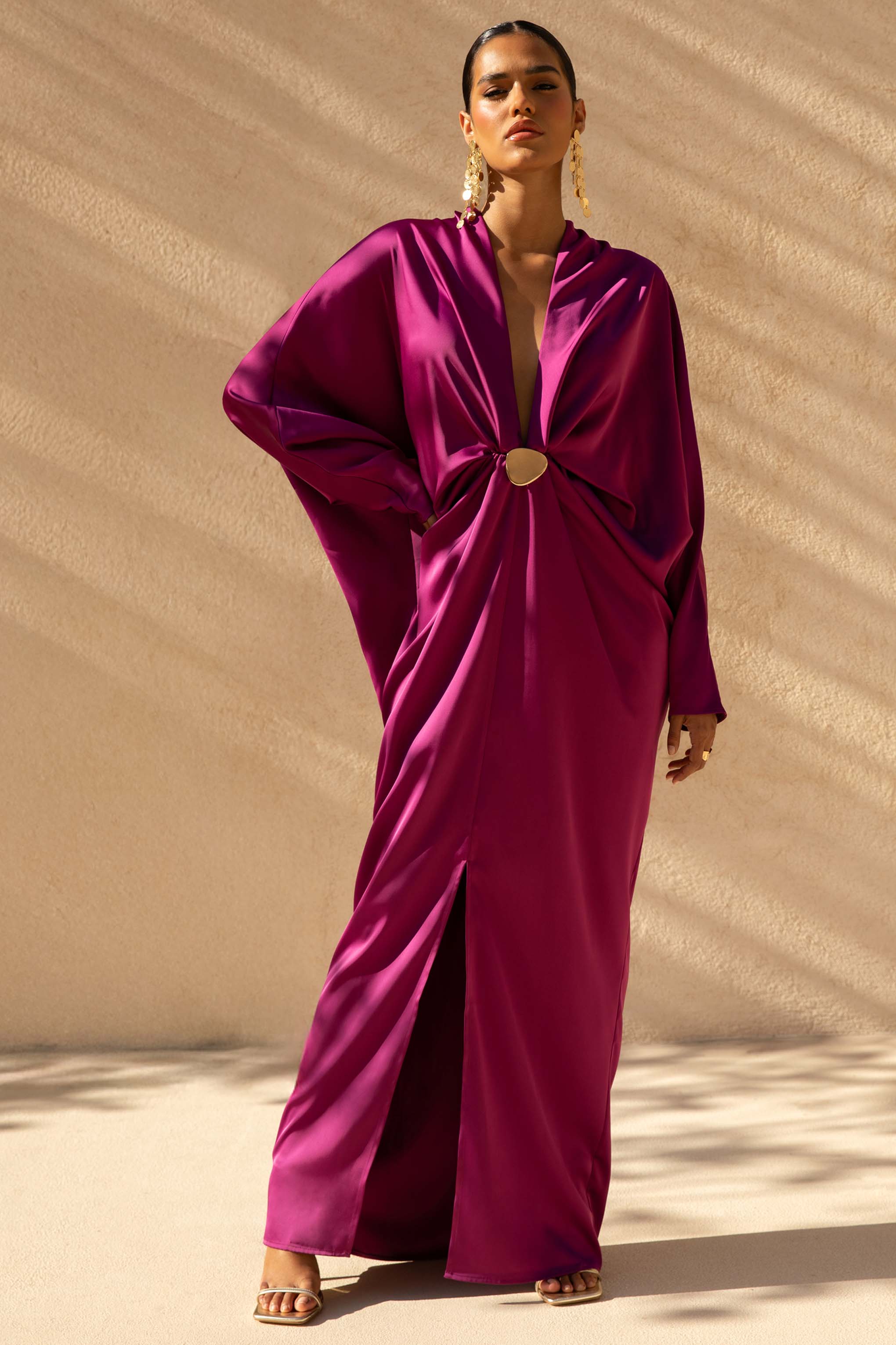 Tina | Pink Satin Plunge-Neck Embellished Maxi Dress