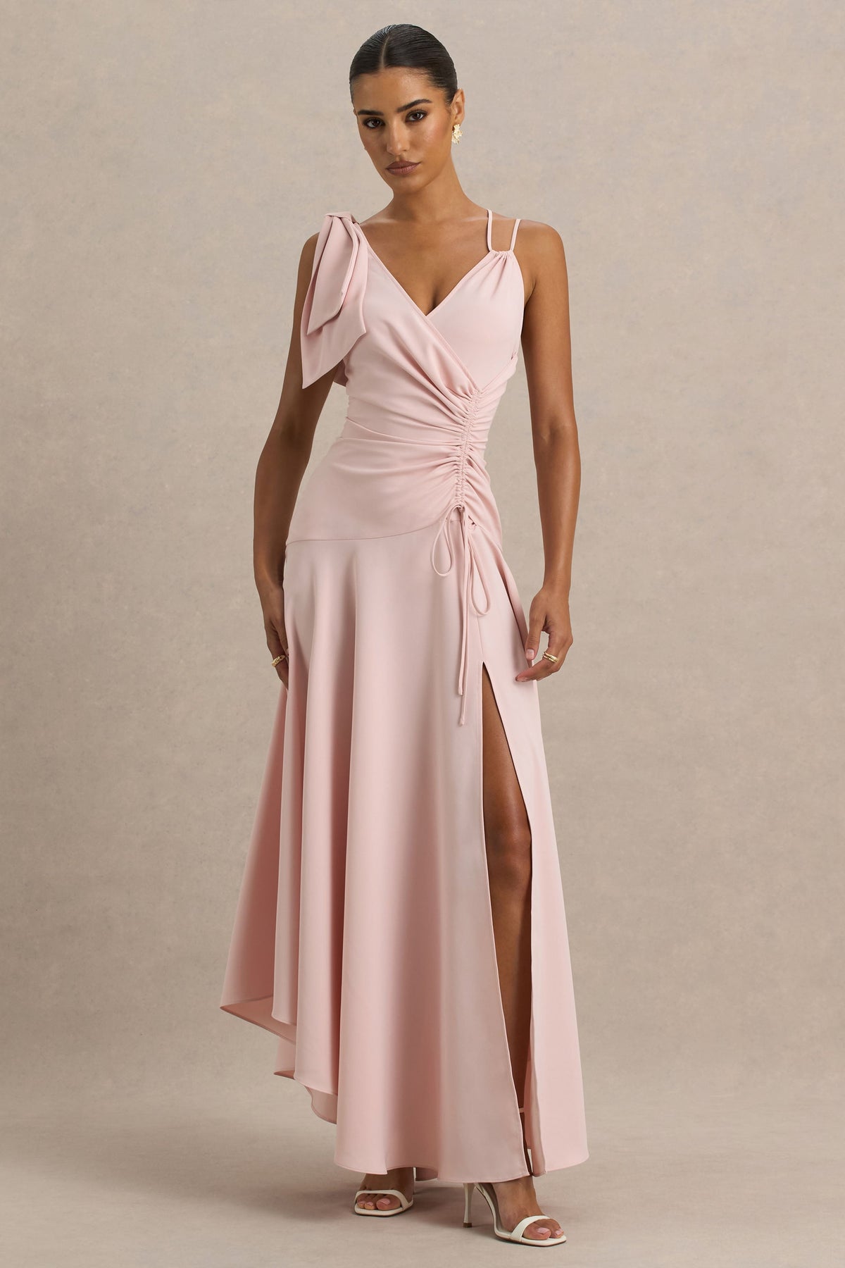 Julieta | Baby Pink Asymmetric-Neck Maxi Dress With Bow Detail And Open-Back