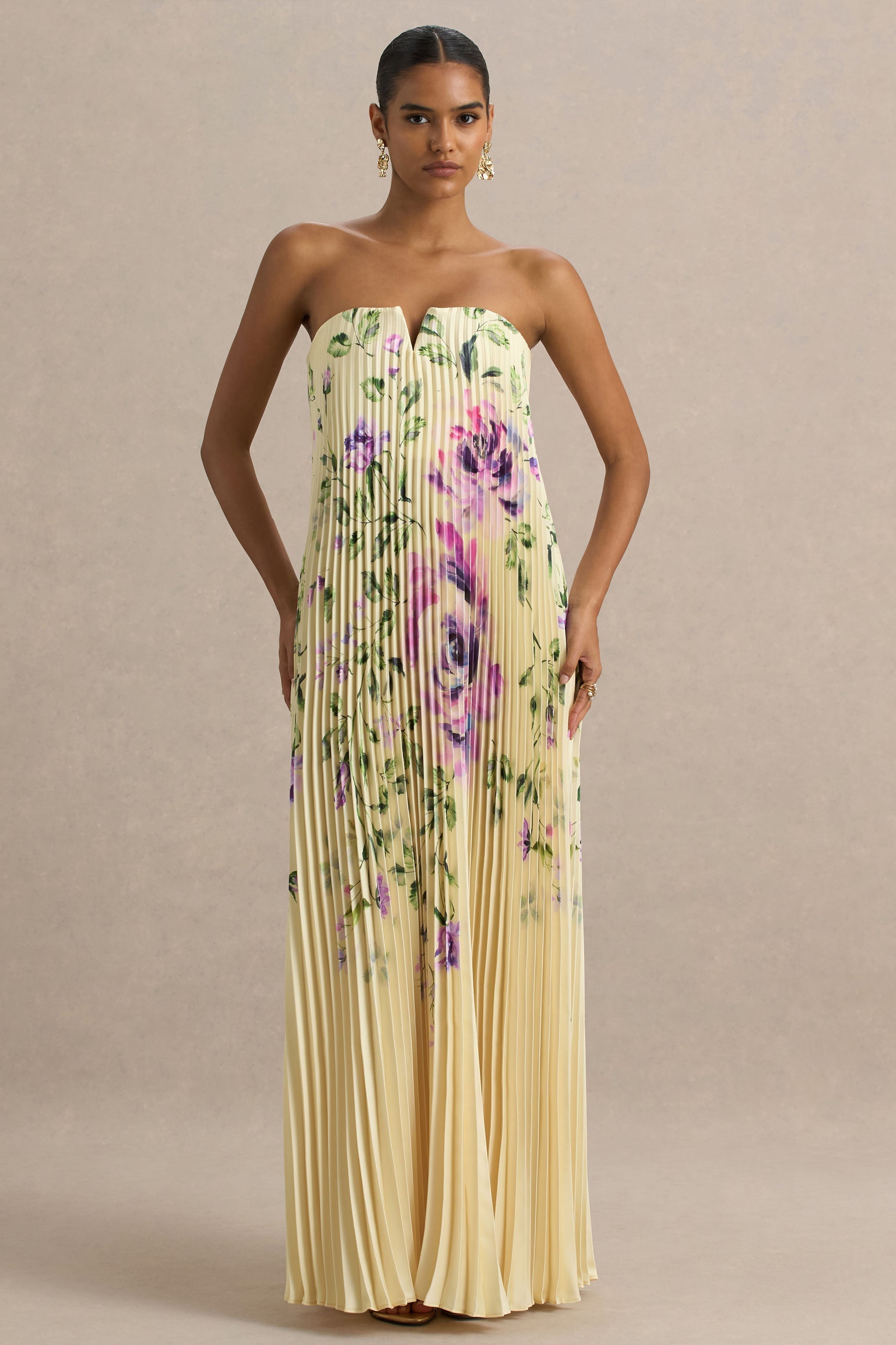 Bergamot | Lemon Rose Print Satin Sweetheart Maxi Dress
