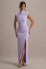 Lanetta | Lilac Ruched High-Neck Maxi Dress With Split