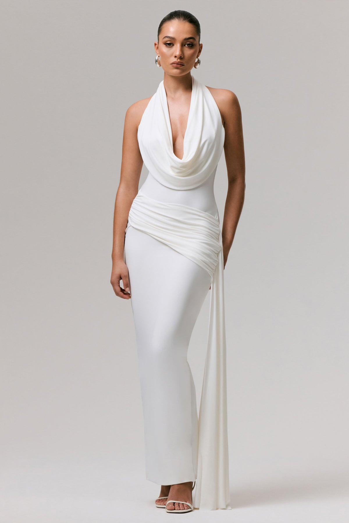 Maude | White Plunge-Neck Ruched Maxi Dress With Sash
