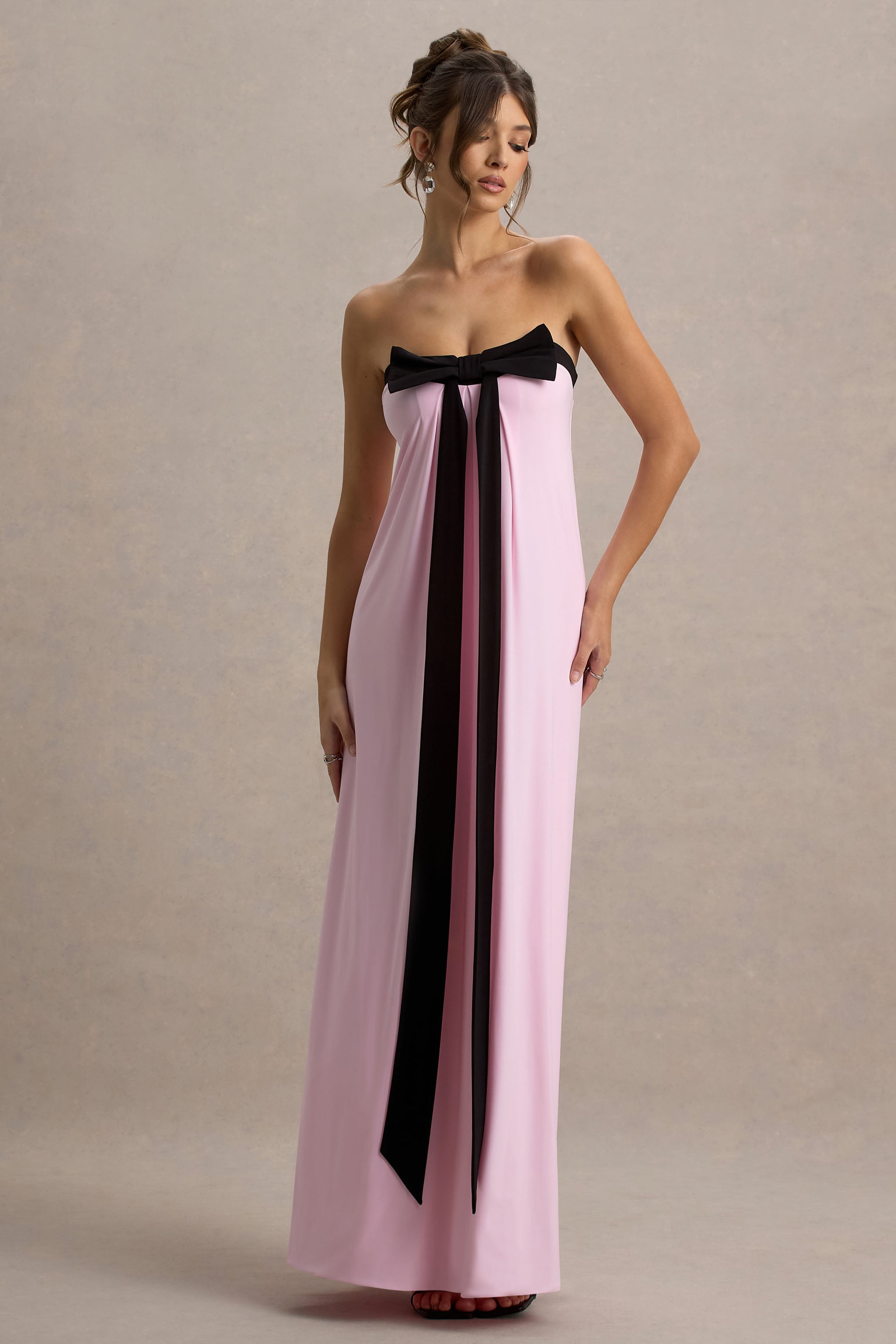 Mckenna | Pink Strapless Maxi Dress With Black Bow