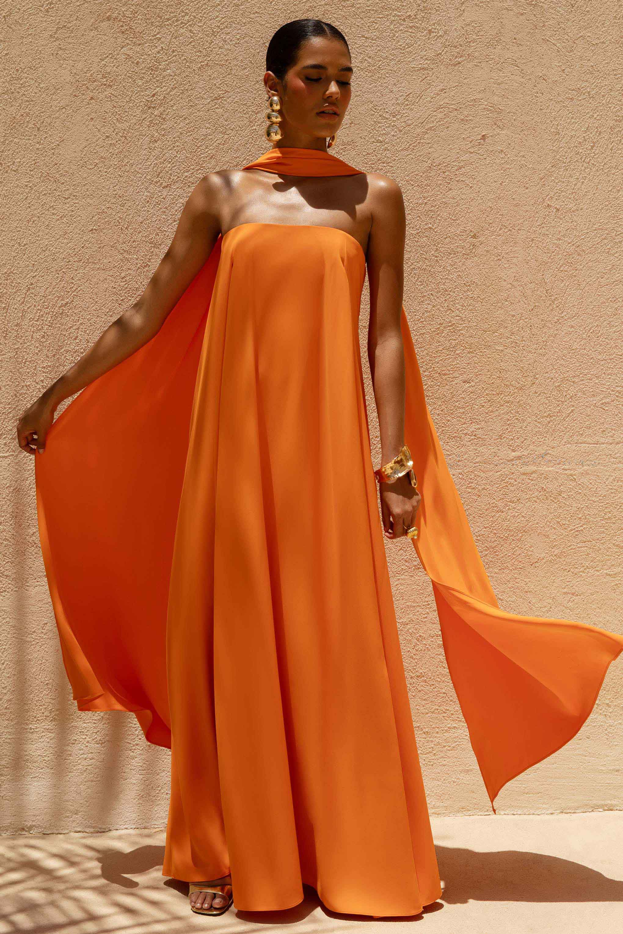 Cerise | Orange High-Neck Maxi Dress With Open-Back