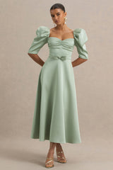 Rosey | Green Satin Sweetheart Midi Dress