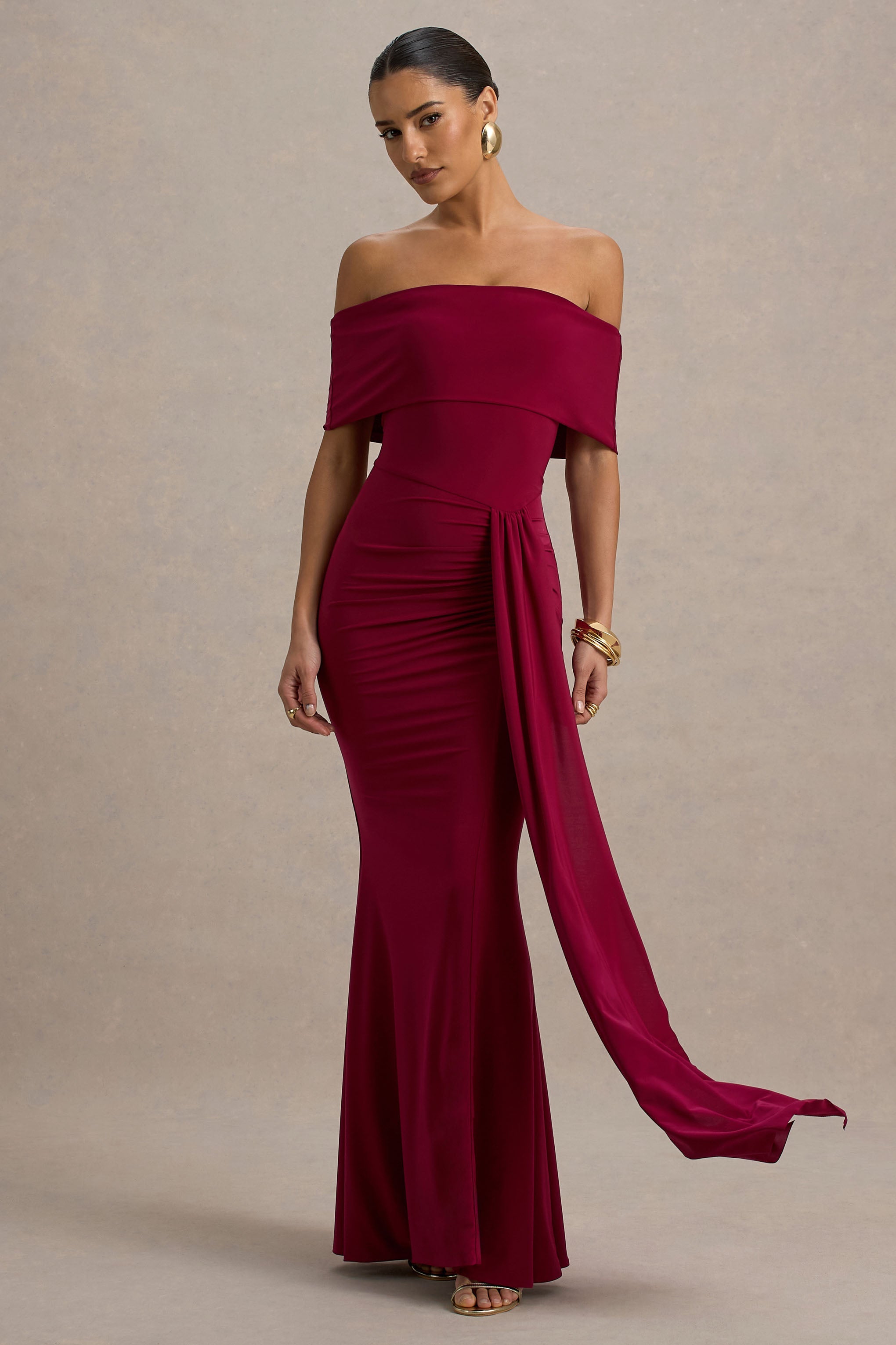 Delma | Burgundy Bardot Maxi Dress With Drape Detail