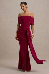 Delma | Burgundy Bardot Maxi Dress With Drape Detail
