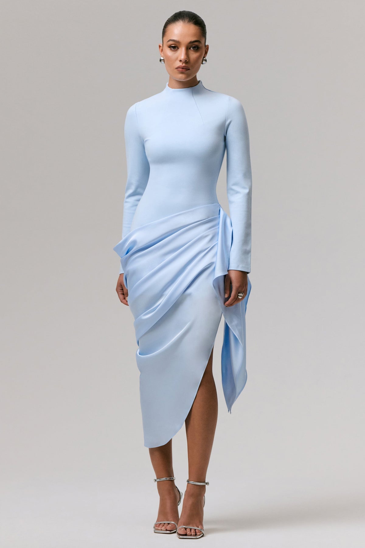 Raffie | Powder Blue Long-Sleeve Midi Dress With Satin Wrap Skirt