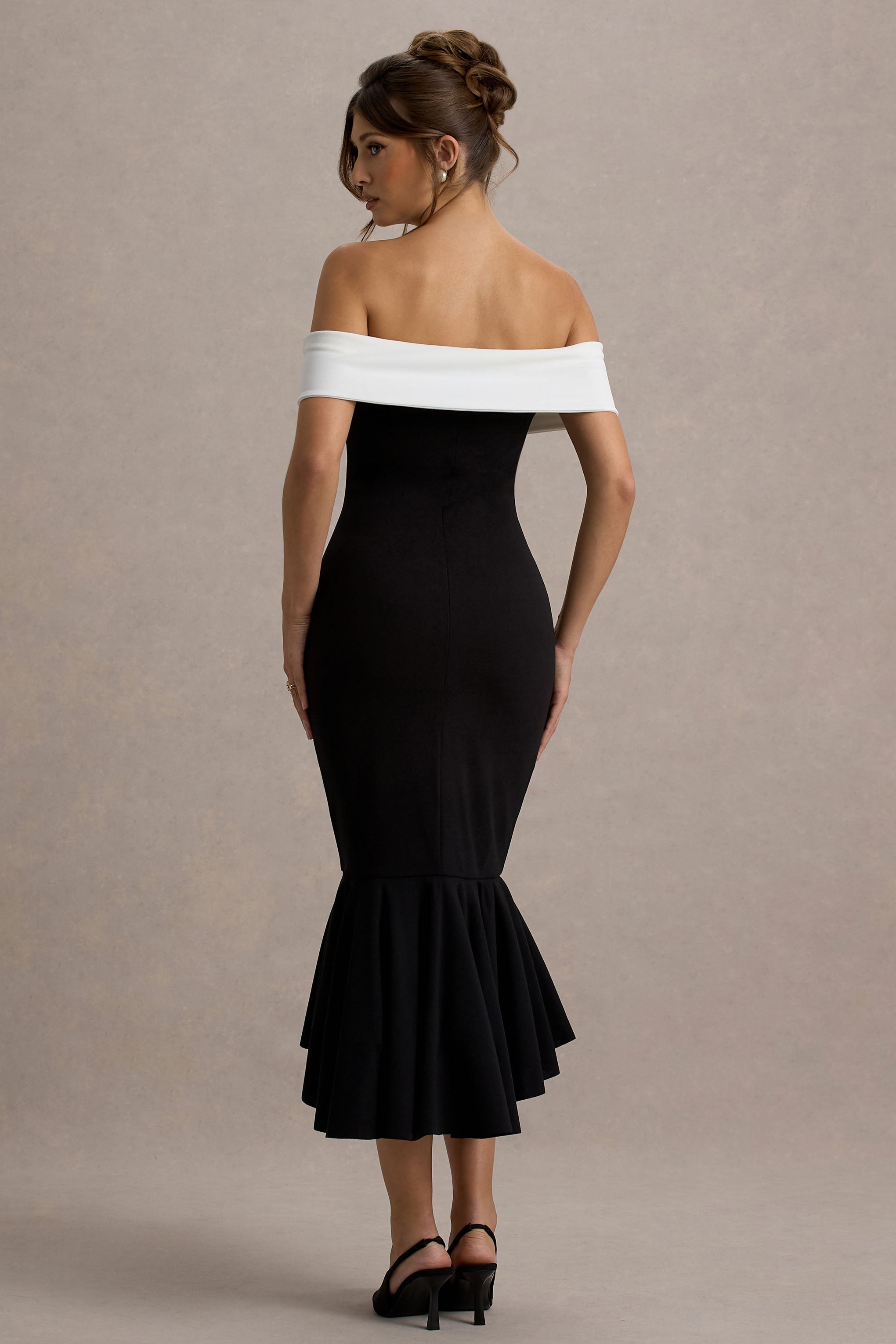 Corola | Black & White Bardot Volume-Hem Midi Dress